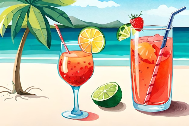 Une illustration colorée d'un verre de cocktails avec des fraises et des citrons verts sur la plage.