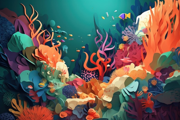 Une illustration colorée d'une vie marine avec un poisson dessus.