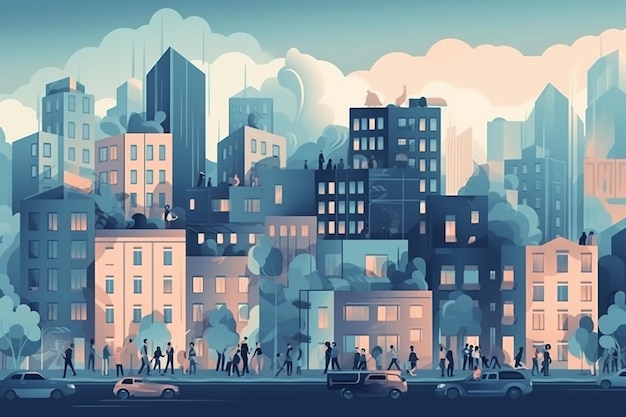 Une illustration colorée d'une ville avec beaucoup de gens marchant devant elle.
