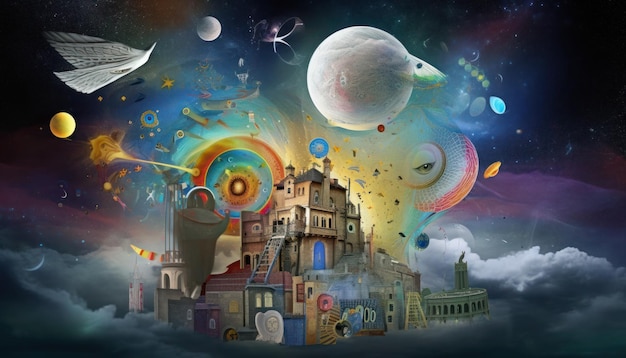 Une illustration colorée d'une ville avec une lune et des étoiles.