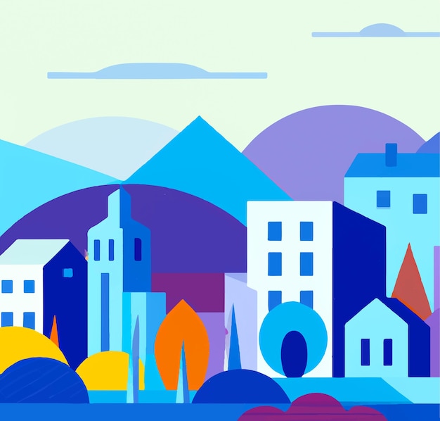 Une illustration colorée d'une ville avec une montagne en arrière-plan.