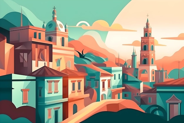 Une illustration colorée de la ville sud-américaine avec une église au sommet