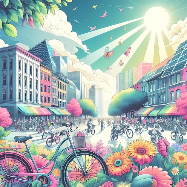 une illustration colorée d'une ville avec un vélo et des fleurs