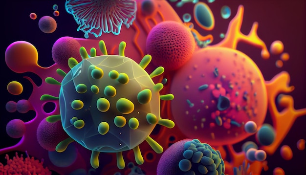 Une illustration colorée d'un virus et d'une bactérie