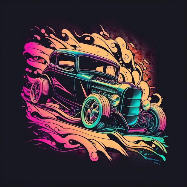 Une illustration colorée d'une voiture avec un hot rod à l'avant.