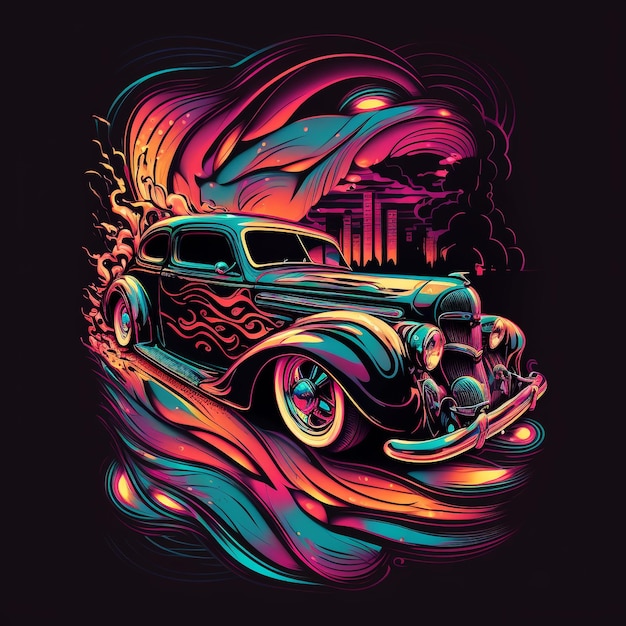 Photo une illustration colorée d'une voiture avec un hot rod à l'avant.