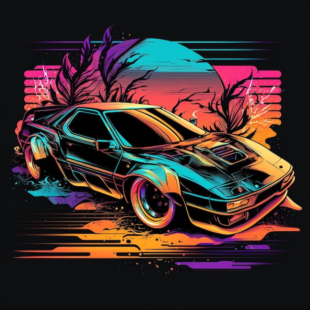 Une illustration colorée d'une voiture avec le mot delorean dessus.