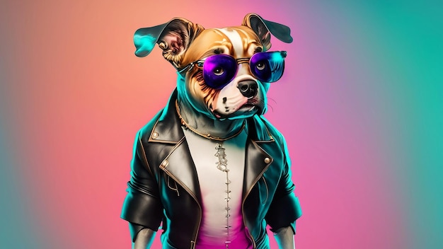 Photo illustration colorfu d'un personnage de chien fantastique en lunettes de soleil et veste en cuir regardant loin contre