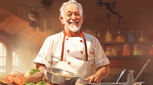 Illustration complète du corps d'un chef masculin de 60 ans portant une toque et un tablier de chef