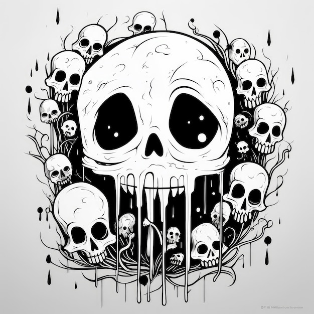 Illustration complexe de crâne dessinée à la main en noir et blanc