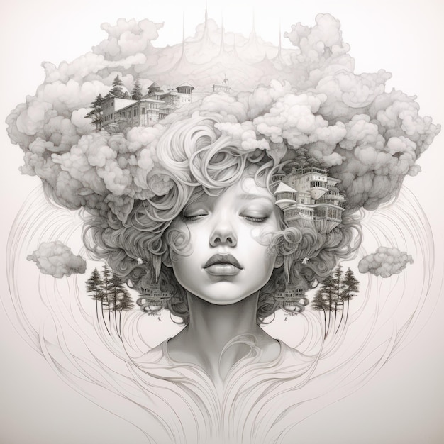 Illustration complexe d'une fille avec des cheveux dans les nuages et l'île