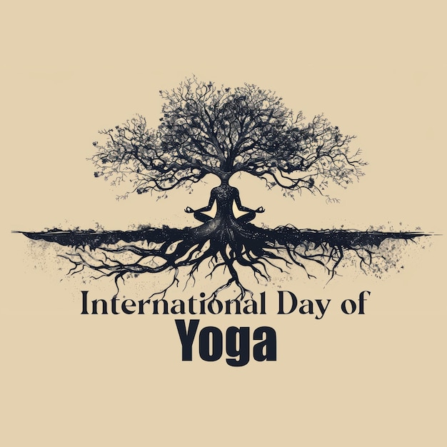 Photo illustration complexe d'une pose d'arbre de yoga se fondant avec des racines expansives pour la journée internationale du yoga