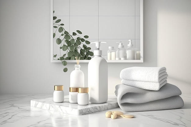 Illustration d'un comptoir en marbre blanc avec des serviettes, une bouteille de shampoing et un espace de maquette vide