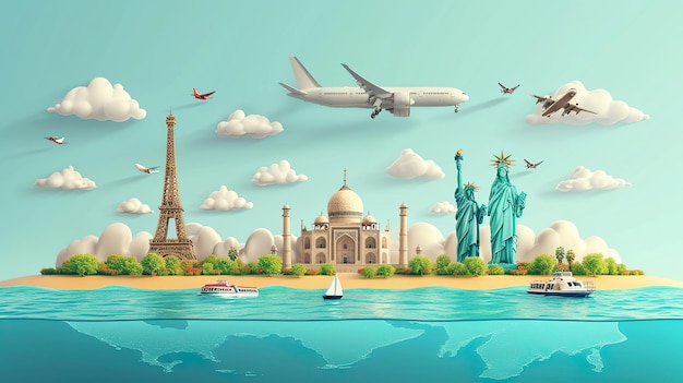 Illustration Concept de voyage avec avion célèbre Landmark World et bagages de voyage
