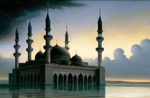 Illustration de la conception architecturale étonnante de la mosquée musulmane la nuit avec la pleine lune ramadan kareem Festival islamique Concept du mois sacré Eid Generative AI