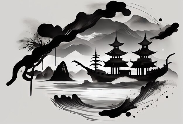 Illustration de conception artistique de paysage d'encre de style chinois