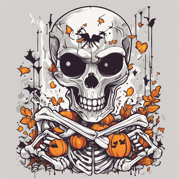 illustration de conception de tshirt vectoriel squelette kawaii célébrant halloween détail élevé