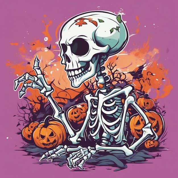 illustration de conception de tshirt vectoriel squelette kawaii célébrant halloween détail élevé