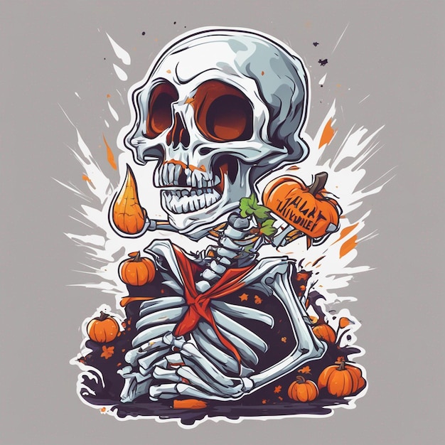 illustration de conception de tshirt vectoriel squelette kawaii célébrant halloween détail élevé