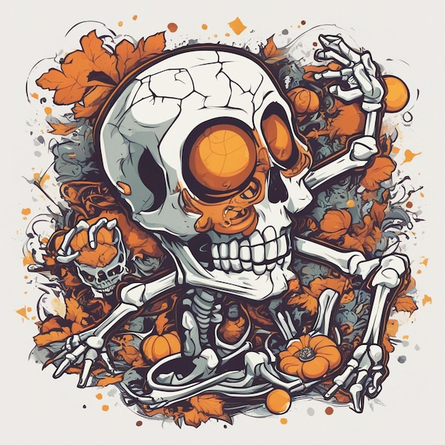 illustration de conception de tshirt vectoriel squelette kawaii célébrant halloween détail élevé