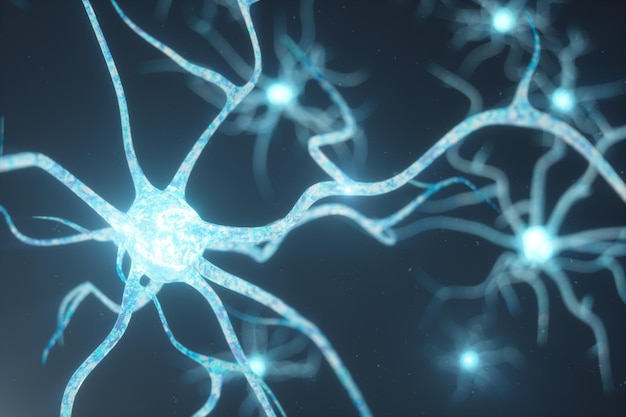 Illustration conceptuelle des cellules neuronales avec des nœuds de liaison lumineux. Synapse et cellules neuronales envoyant des signaux chimiques électriques. Neurone de neurones interconnectés avec des impulsions électriques, illustration 3D