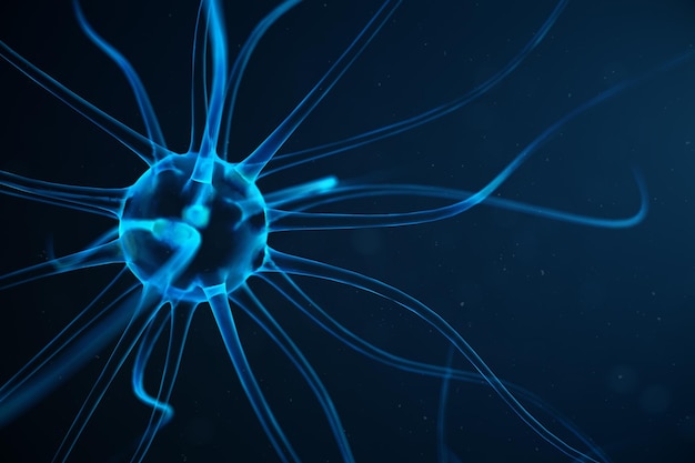 Illustration conceptuelle des cellules neuronales avec nœuds de liaison. Synapse et cellules neuronales envoyant des signaux chimiques électriques. Neurone de neurones interconnectés avec des impulsions électriques. Illustration 3D