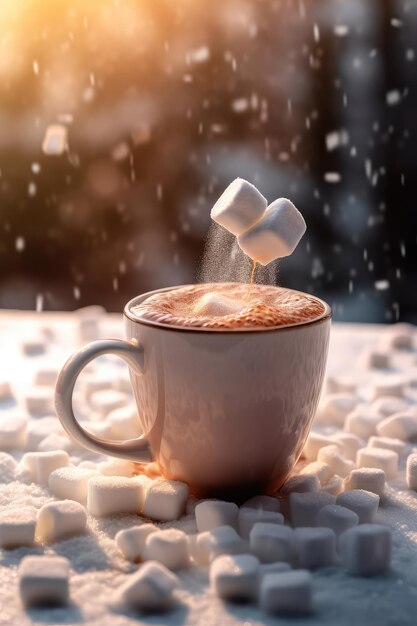 Illustration conceptuelle dans laquelle un marshmallow tombe dans une tasse de cacao en gros plan AI générative