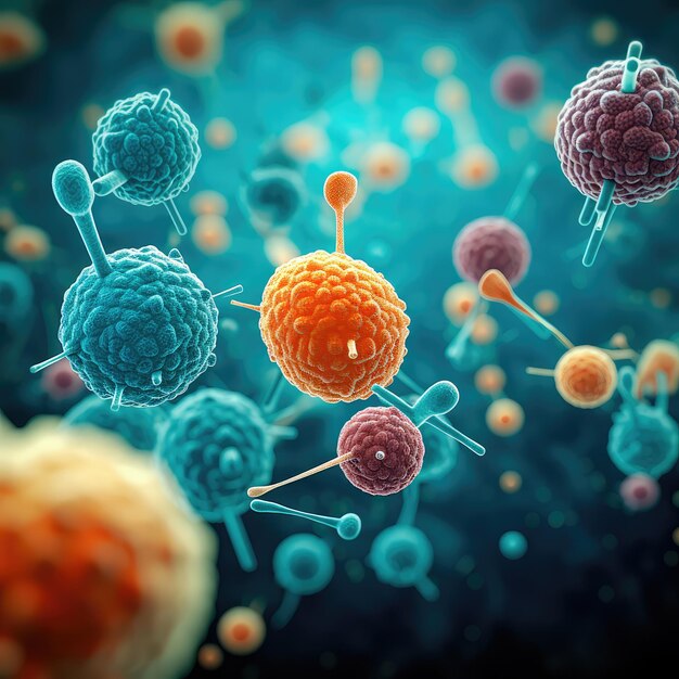 Illustration conceptuelle d'un gros plan de cellules virales ou de bactéries de différentes formes sur un fond clair IA générative