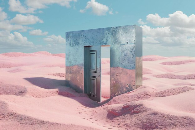 Photo illustration conceptuelle d'une porte ouverte sur fond désertique avec des nuages