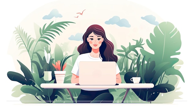 Illustration conceptuelle pour le travail, les études, l'éducation, le travail à distance, la femme travaillant avec un ordinateur portable