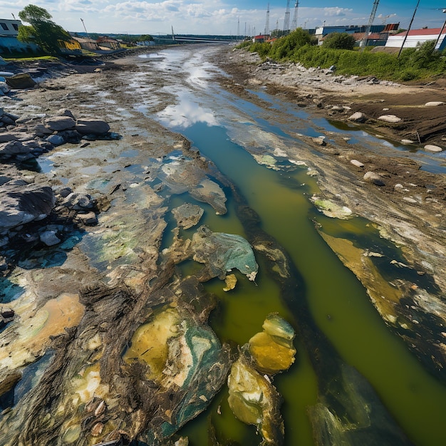 Photo illustration de la contamination de la rivière vue de dessus vue panoramique