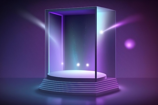 Illustration Contemporaine hologramme couleur podium box show fond violet bleu clair