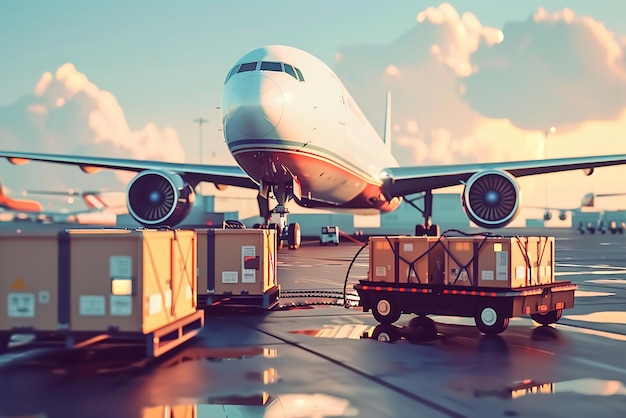 Illustration de conteneurs logistiques de fret aérien chargés dans un avion
