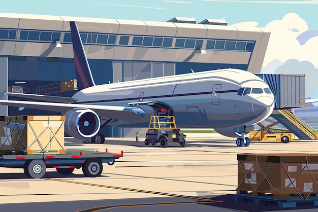 Illustration de conteneurs logistiques de fret aérien chargés dans un avion