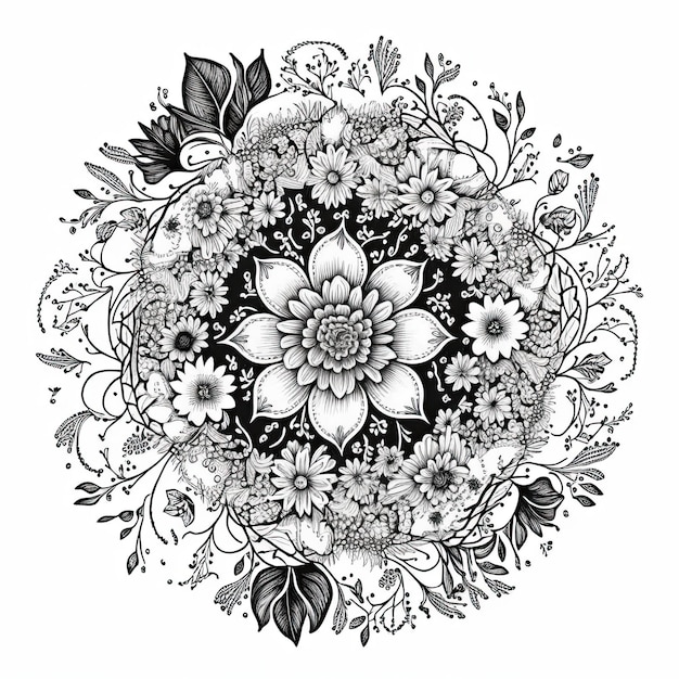 Illustration de contour de Mandala de fleur pour la page de livre de coloriage Carte de coloriage pour enfants et adultes AI générative