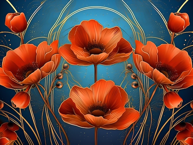 Photo illustration de coquelicots rouges dans la conception de ligne de style art déco générative ai