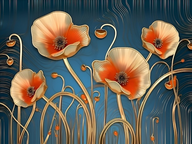 Photo illustration de coquelicots rouges dans la conception de ligne de style art déco générative ai