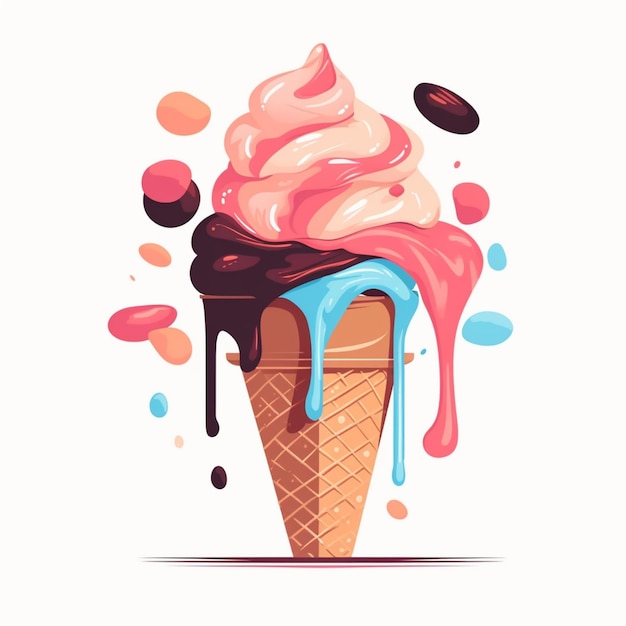 illustration d'un cornet avec une glace rose et bleue sur le dessus ai générative