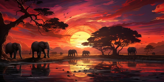 Illustration d'un coucher de soleil africain à l'arrière-plan panoramique avec la silhouette des animaux