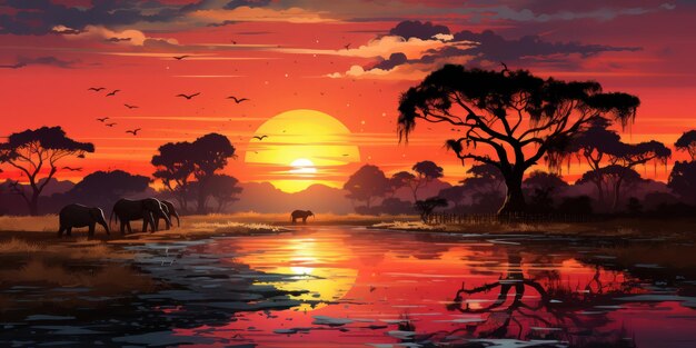 Illustration d'un coucher de soleil africain à l'arrière-plan panoramique avec la silhouette des animaux