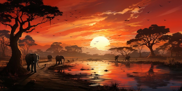 Illustration d'un coucher de soleil africain à l'arrière-plan panoramique avec la silhouette des animaux