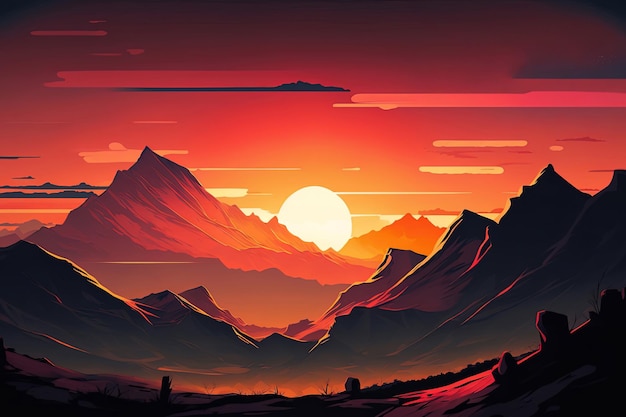 Illustration d'un coucher de soleil à couper le souffle sur une chaîne de montagnes