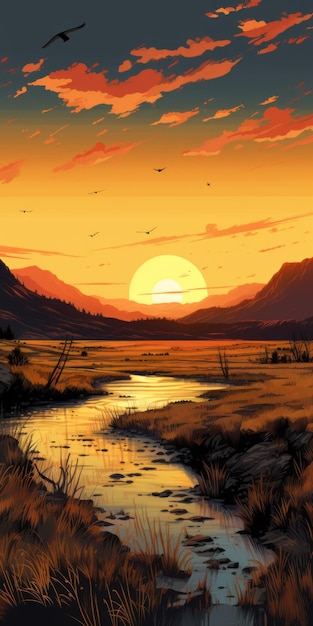 Illustration de coucher de soleil idyllique dans le style de Becky Cloonan