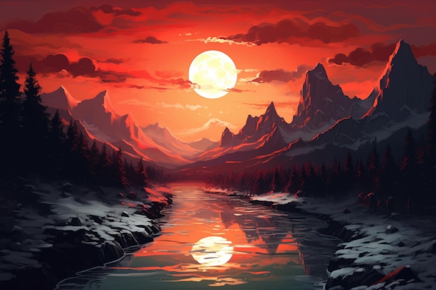 une illustration d'un coucher de soleil avec des montagnes et une rivière