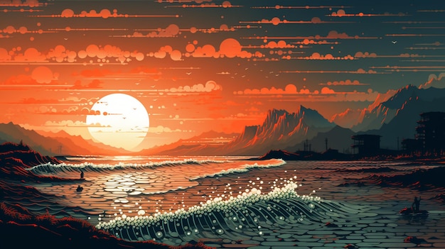 illustration d'un coucher de soleil sur un plan d'eau avec une vague venant en génératif ai