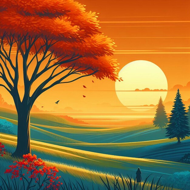 Illustration d'un coucher de soleil de printemps Une belle nature en arrière-plan