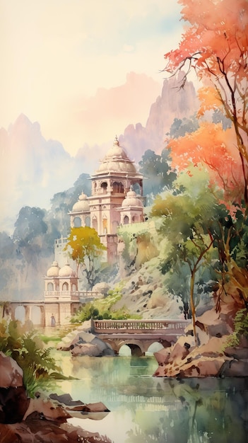 Illustration de couleur de l'eau de paysage de l'Inde