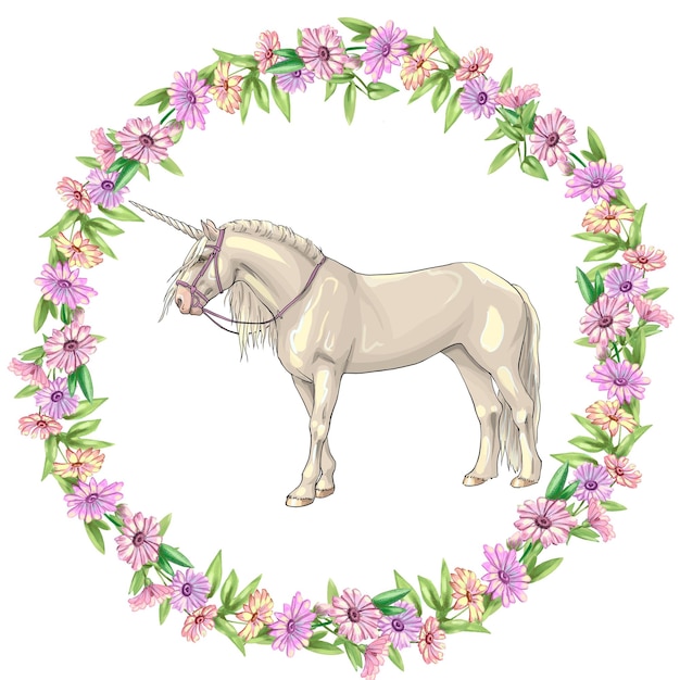 Illustration couleur d'une licorne avec des fleurs