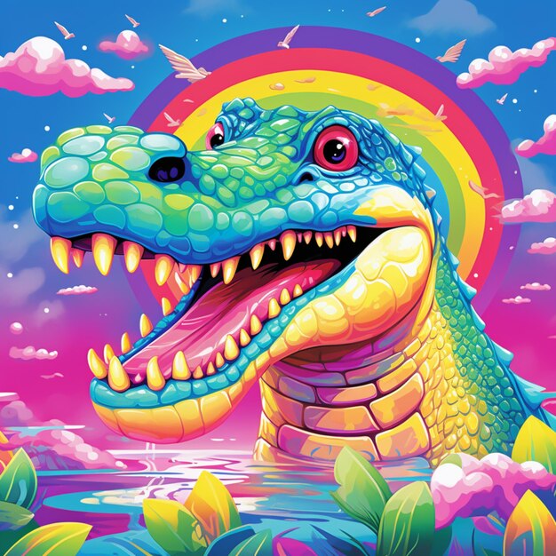 Photo illustration en couleurs vives d'un dinosaure avec un arc-en-ciel en arrière-plan