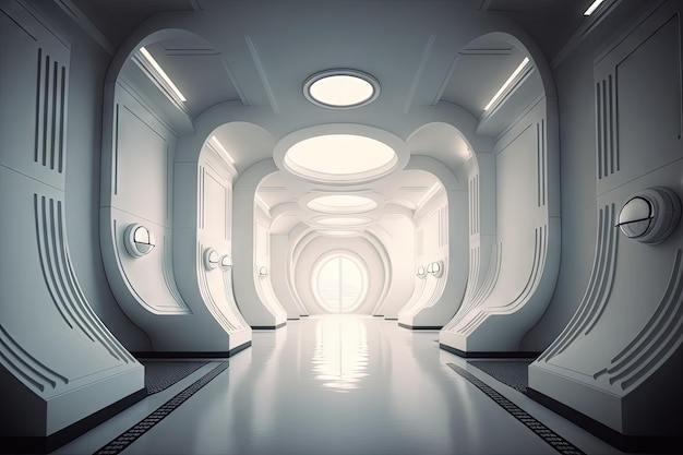 Photo illustration d'un couloir de vaisseau spatial d'un degré entier avec un décor blanc futuriste